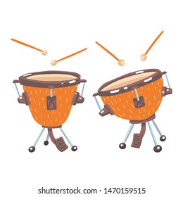 Vector illustration of timpani drums . Classical musical instruments. Warm colors. Isolated objects. White background