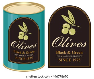 Vector illustration of a tin of black and green olives