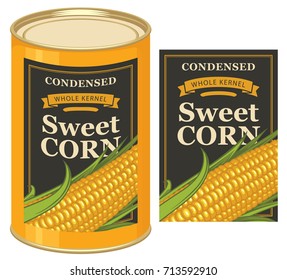 Vector illustration of tin can with a black label for canned sweet corn with the image of realistic corn cob and inscription