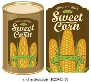 Vector illustration of tin can with a label for canned sweet corn with the image of three realistic corn cobs and calligraphic inscription