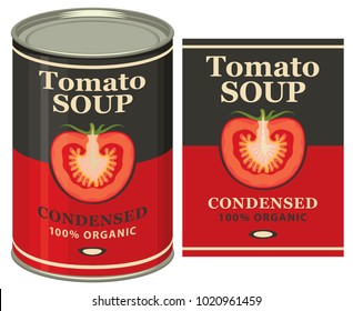 Vector Illustration Of Tin Can With A Label For The Condensed Tomato Soup With The Image Of A Cut Tomato