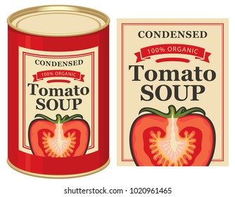 Vector illustration of tin can with a label for the condensed tomato soup with the image of a cut tomato