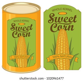 Vector illustration of tin can with a label for canned sweet corn with the image of a realistic corn cob and calligraphic inscription