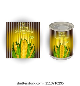Vector illustration of tin can with a label for canned sweet corn with the image of three realistic corn cobs and calligraphic inscription