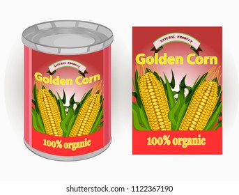 Vector illustration of tin can with a label for canned sweet corn with the image of three realistic corn cobs and calligraphic inscription