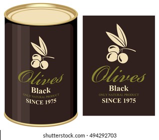Vector illustration of a tin can with label of black olives