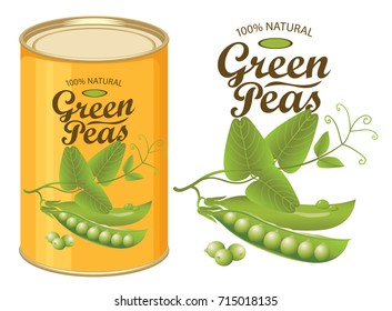 Vector illustration of tin can with a label for canned green peas with the realistic image of pea pods, tendrils and leaves and calligraphic inscription