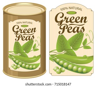 Vector illustration of tin can with a label for canned green peas with the realistic image of pea pods, tendrils and leaves and calligraphic inscription