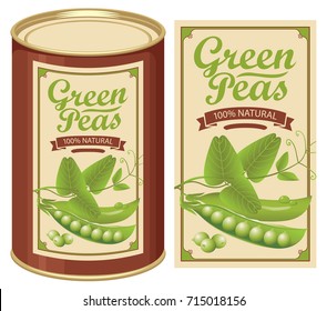 Vector illustration of tin can with a label for canned green peas with the realistic image of pea pods, tendrils and leaves and calligraphic inscription