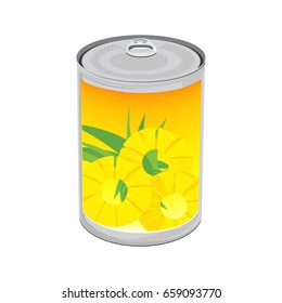 Vector illustration tinned pineapple rings isolated on white background. Pineapple in aluminum can