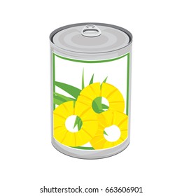 Vector illustration tinned pineapple rings isolated on white background. Pineapple in aluminum can