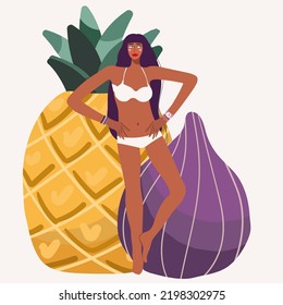 Vector illustration of a tiny beautiful girl in a swimsuit with a huge pineapple and figs, suitable for summer themes, vacation on the beach, summer cafe, summer party.