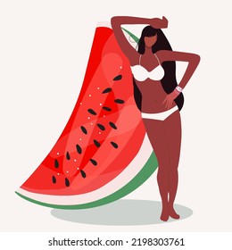 Vektorgrafik eines kleinen schönen Mädchens in einem Badeanzug mit einem riesigen Stück saftiger Wassermelone, geeignet für Sommerthemen, Urlaub am Strand, Sommercafé, Sommerparty.