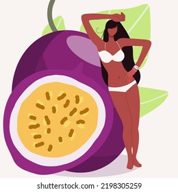 Vector illustration of a tiny beautiful girl in a swimsuit with a huge passion fruit, suitable for summer themes, vacation on the beach, summer cafe, summer party.