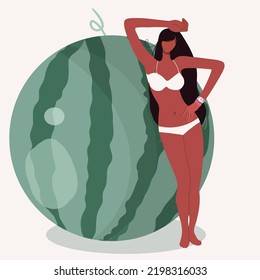 Ilustración vectorial de una pequeña y hermosa muchacha en un traje de baño con una enorme sandía, adecuada para temas de verano, vacaciones en la playa, café de verano, fiesta de verano.
