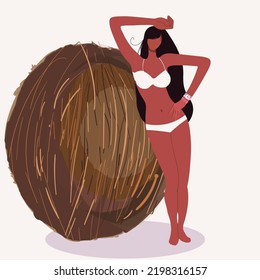 Vector illustration of a tiny beautiful girl in a swimsuit with a huge coconut, suitable for summer themes, vacation on the beach, summer cafe, summer party.