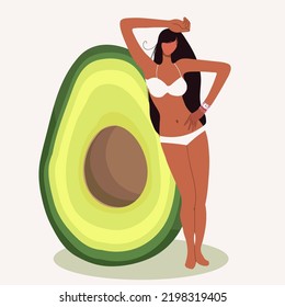 Ilustración vectorial de una niña pequeña y hermosa en un traje de baño con un gran aguacate, adecuado para temas de verano, vacaciones en la playa, café de verano, fiesta de verano.