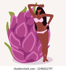 Ilustración vectorial de una pequeña y hermosa muchacha con traje de baño con una enorme fruta de dragón, pitahiya, pitaya, adecuada para temas de verano, vacaciones en la playa, café de verano, fiesta de verano.