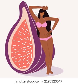 Vector illustration of a tiny beautiful girl in a swimsuit with a huge half of a fig, suitable for summer themes, vacation on the beach, summer cafe, summer party.