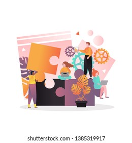 Vector illustration of tiny business people team putting together big jigsaw puzzle. Creation of successful project and business team building concepts for web banner, website page etc.