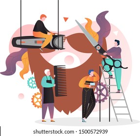 Vector illustration of tiny characters barbers trimming big mustache and beard using hair shaving machine, scissors and comb. Barbershop concept for web banner, website page.