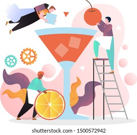 Vector illustration of tiny characters bartenders making bright tasty alcohol drink putting ice cubes, cherry and slice of orange into big cocktail glass. Cocktail party, bar, restaurant, night club.