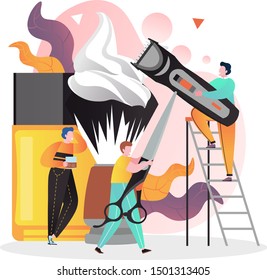 Vector illustration of tiny characters with big barber supplies for beard grooming hair shaving machine, aftershave, shaving brush with foam, scissors. Barbershop concept for web banner etc.