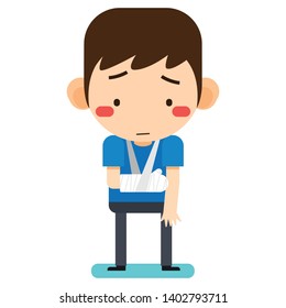 Vector illustration, Tiny cute cartoon patient man character broken right arm in gypsum bandage or plastered arm on white background version 2