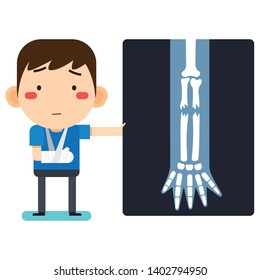 Vector illustration, Tiny cute cartoon patient man character broken right arm in gypsum bandage or plastered arm on white background version 2