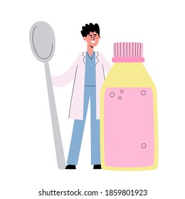 Vector illustration of tiny doctor holding huge cough syrup and spoon. European medical worker isolated on white