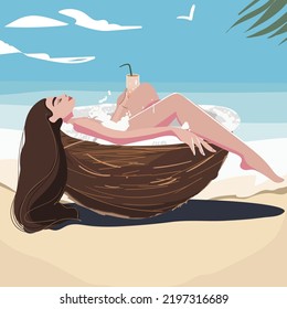 Vector illustration tiny girl, woman chill out in a huge coconut with a cocktail on the background of a sea landscape, Summer vibes, coconut fresh, smoothies, cocktail, coconut oil, vacation mood.