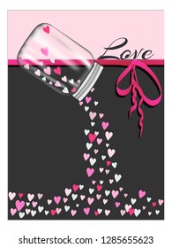 Vector illustration of tiny heart shapes popping out of glass bottle, love greeting card design for Valentine's Day.