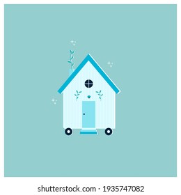 Vector Illustration Of Tiny Little House, Mobile Home On Wheels. Downsizing, Compact Living. Cartoon Flat Style.