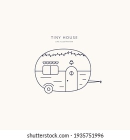 Vector illustration of tiny little house on wheels. Trailer, caravan, gypsy home. Flat linear style. Editable stroke.