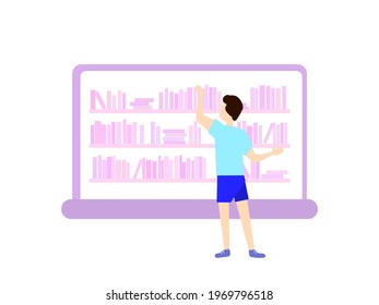 Vector illustration. Tiny man choosing  book. Online library in laptop concept.  Flat design