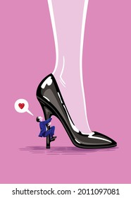 Vector illustration of a tiny man in love, hugging a giant woman's high heel shoe.