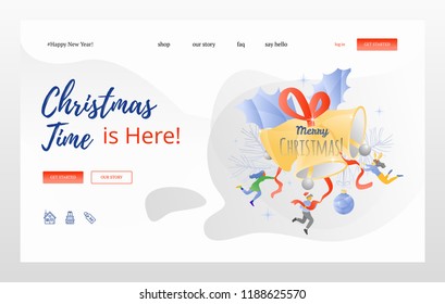 Vector illustration of a tiny multi-colored people ringing big Christmas bells by twitching ribbons. Vector creative web design concept for seasonal marketing campaign, web design, mobile app.