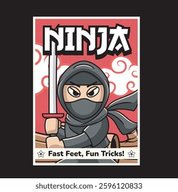 Vector Illustration of Tiny Ninja with Cute Illustration Available for Poster