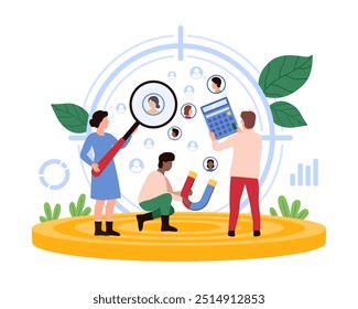 Vector illustration of tiny people analyzing target audience and marketing strategies, focusing on audience identification, customer analysis, and strategic marketing in a business context.