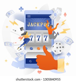 Vector illustration of tiny people caracters over mobile phone with a jackpot 777 lottery casino on a screen. Virtual slot machine, gaming, and gambling concept.