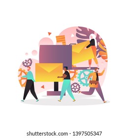 Vector illustration of tiny people carrying big envelopes, postman running with postbag. Post office, postal service, correspondence delivery concept for web banner, website page etc.