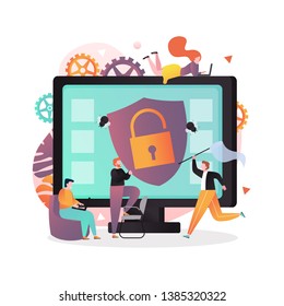 Vector illustration of tiny people catching bugs computer viruses in front of big desktop computer monitor with shield and padlock. Antivirus software, anti-malware concept for web banner, webpage.