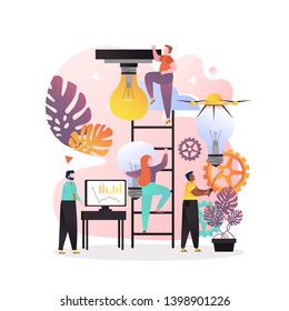 Vector illustration of tiny people climbing up ladder in order to screw in big light bulb. Way to success, leadership, career development, teamwork concepts for web banner, website page etc.