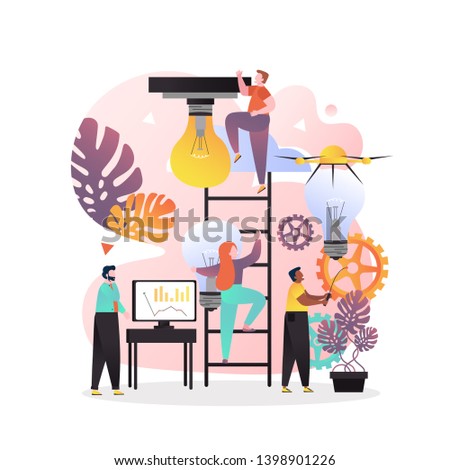 Vector illustration of tiny people climbing up ladder in order to screw in big light bulb. Way to success, leadership, career development, teamwork concepts for web banner, website page etc.