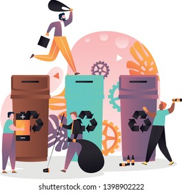 Vector illustration of tiny people collecting, sorting and throwing trash into big different color recycling garbage bins. Waste segregation and recycling concept for web banner, website page etc.