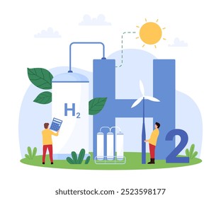 Vector illustration of tiny people developing and researching hydrogen fuel technology, highlighting sustainable energy solutions, environmental benefits, and scientific innovation.