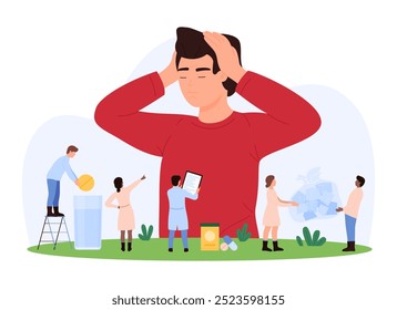 Vector illustration of tiny people diagnosing and treating a man with a migraine, focusing on healthcare, pain relief, medical intervention, and wellness management.