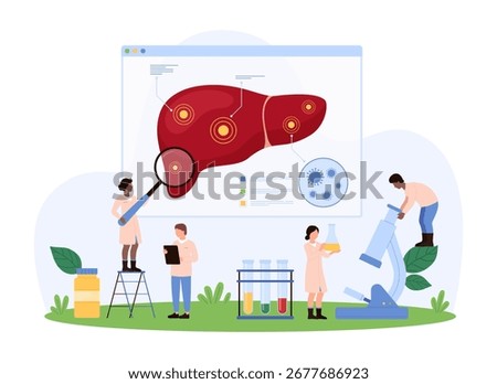 Vector illustration of tiny people diagnosing and treating hepatitis, highlighting liver health, medical intervention, disease management, and the importance of healthcare.