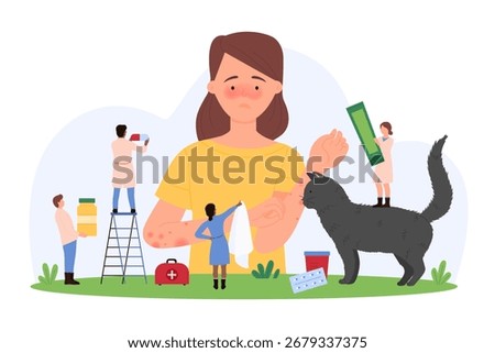 Vector illustration of tiny people diagnosing and treating a woman with a fur allergy, focusing on healthcare, medical intervention, and allergy relief.