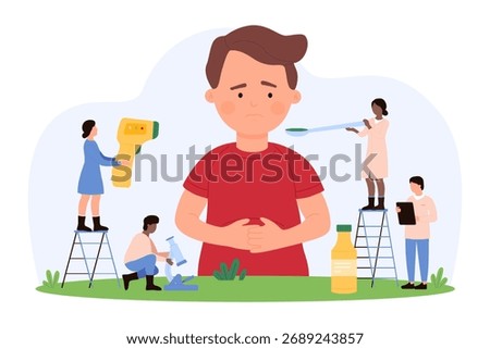 Vector illustration of tiny people diagnosing and treating a childs abdominal pain, focusing on pediatric healthcare, medical intervention, pain relief, and overall child wellness.